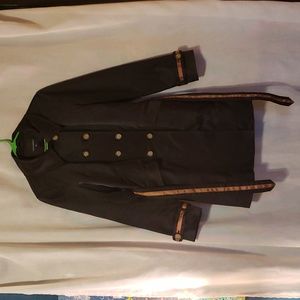 Cynthia Rowley belted trench coat raincoat black brown accents button up🌬️💦